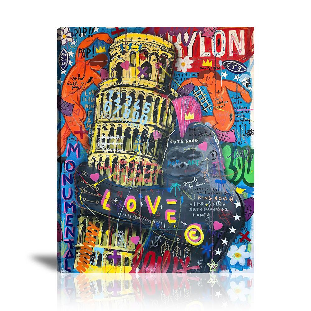 King Kong Pisa Tower Wall Art: Large Colorful Graffiti Print or Framed Canvas Painting for Modern Living Rooms, Dining Rooms and Bedrooms