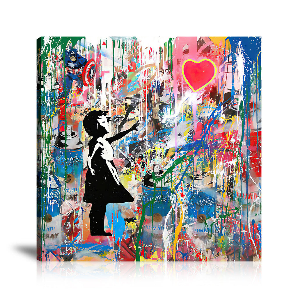  Street Art, Prints, Pop Art, Paintings, Canvas, Art, Mr. Brainwash, Balloon Girl, Heart, Leon, Spray Can, Campbell's, Captain American, Colorful, Paint