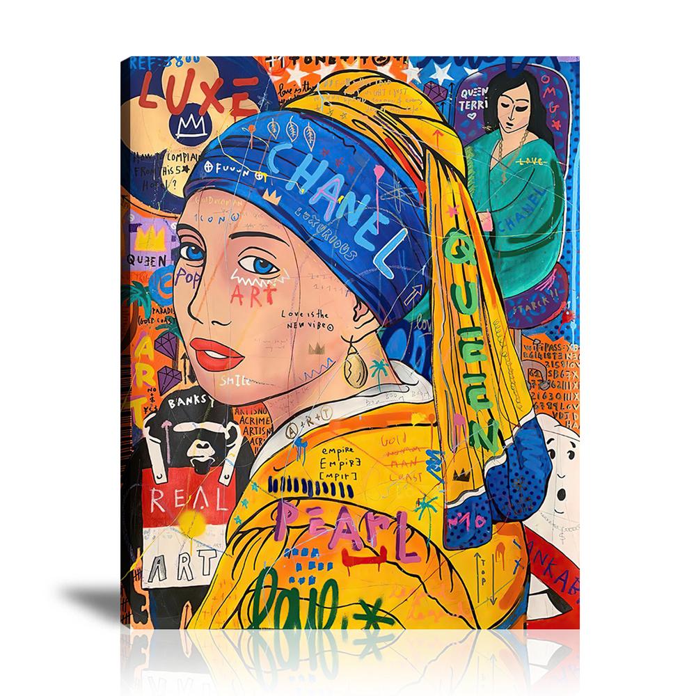 Girl With A Pearl Earring Wall Art: Large Colorful Graffiti Print or Framed Canvas Painting for Modern Living Rooms, Dining Rooms and Bedrooms