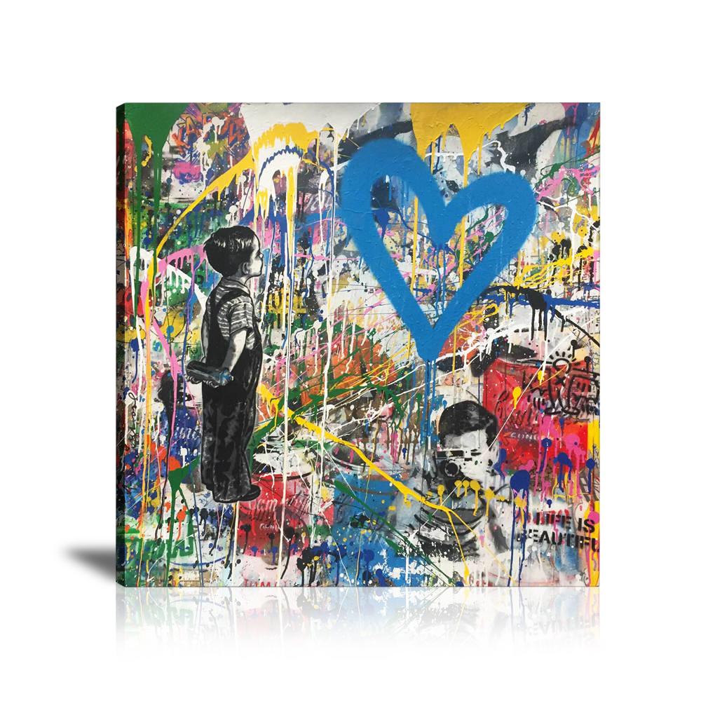 Blue Heart Boy Wall Art: Large Colorful Graffiti Print or Framed Canvas Painting for Modern Living Rooms, Dining Rooms and Bedrooms