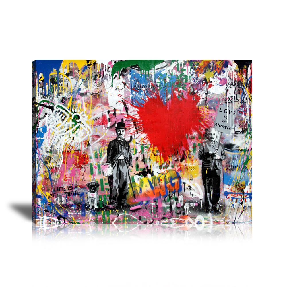 Charlie Chaplin & Albert Einstein Love Is The Answer Wall Art: Large Colorful Graffiti Print or Framed Canvas Painting for Modern Living Rooms, Dining Rooms and Bedrooms