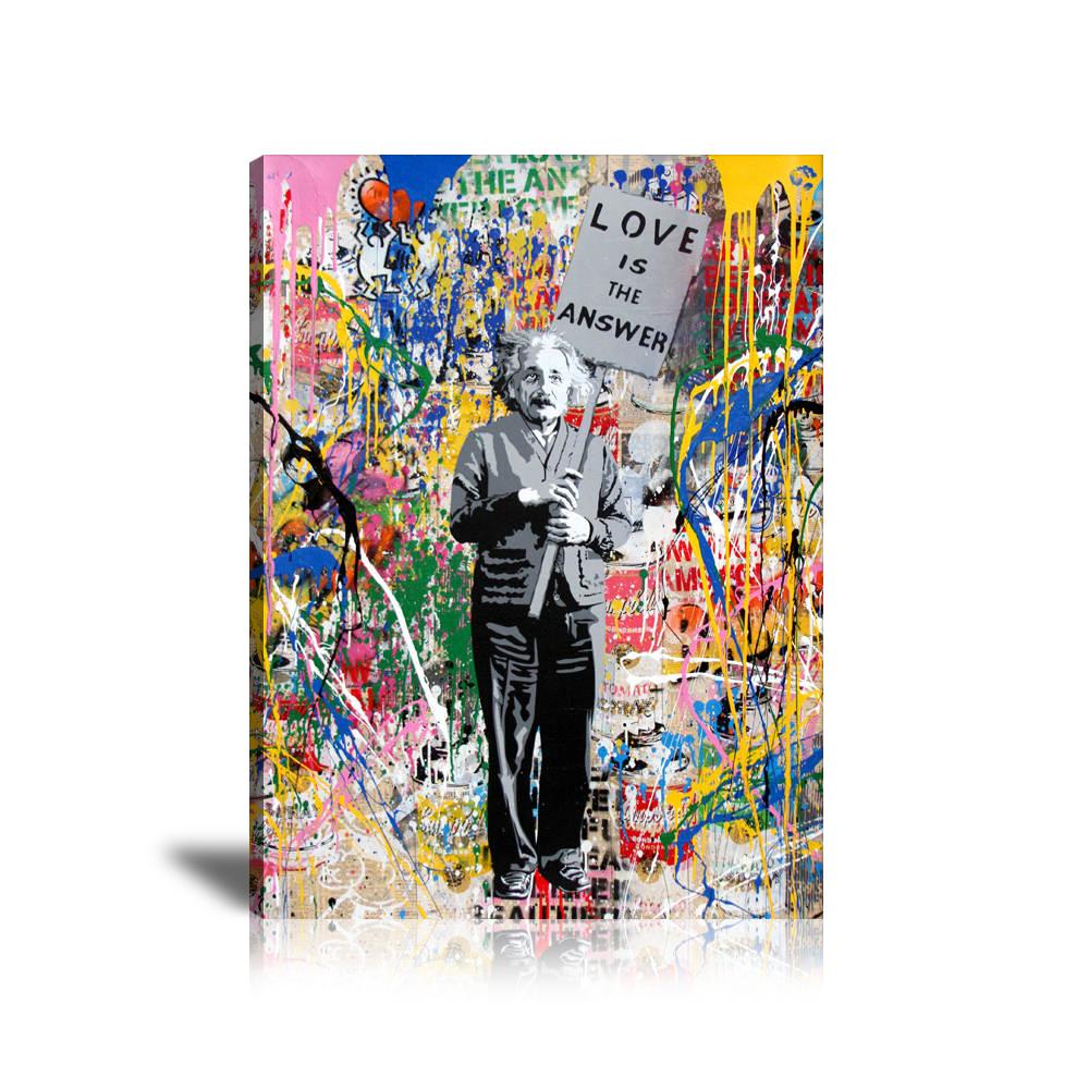 Albert Einstein Love Is The Answer Wall Art: Large Colorful Graffiti Print or Framed Canvas Painting for Modern Living Rooms, Dining Rooms and Bedrooms