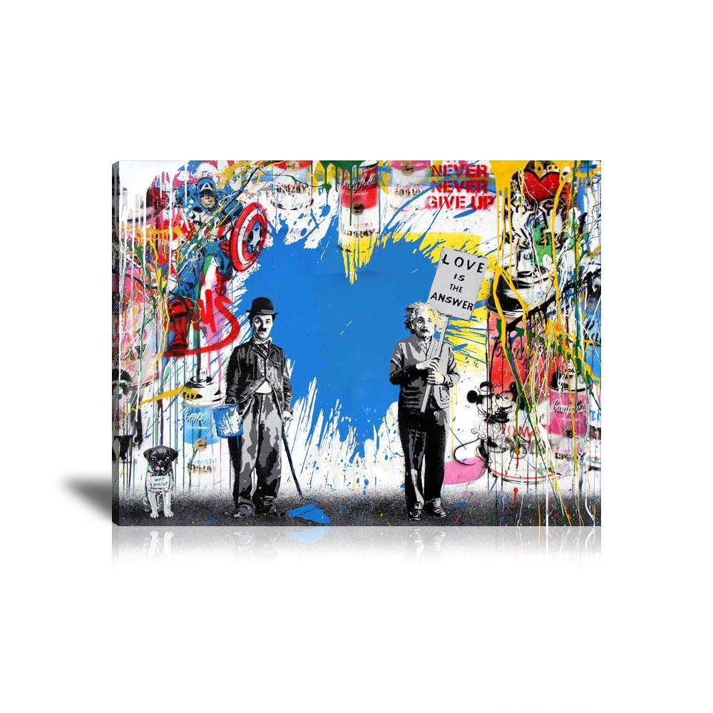 Charlie Chaplin & Albert Einstein Love Is The Answer Wall Art: Large Colorful Graffiti Print or Framed Canvas Painting for Modern Living Rooms, Dining Rooms and Bedrooms