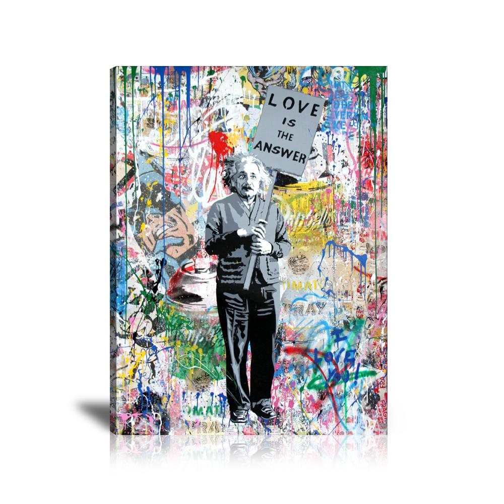 Einstein Batman Love Is The Answer Wall Art: Large Colorful Graffiti Print or Framed Canvas Painting for Modern Living Rooms, Dining Rooms and Bedrooms