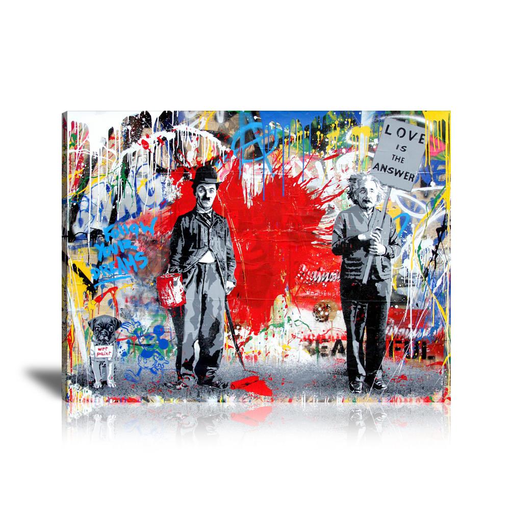 Chaplin x Einstein Love Is The Answer Wall Art: Large Colorful Graffiti Print or Framed Canvas Painting for Modern Living Rooms, Dining Rooms and Bedrooms