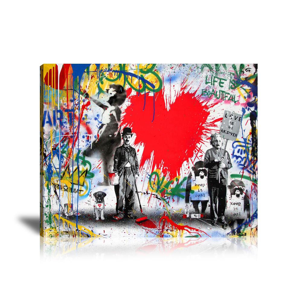 Einstein & Chaplin Life Is Beautiful Wall Art: Large Colorful Graffiti Print or Framed Canvas Painting for Modern Living Rooms, Dining Rooms and Bedrooms