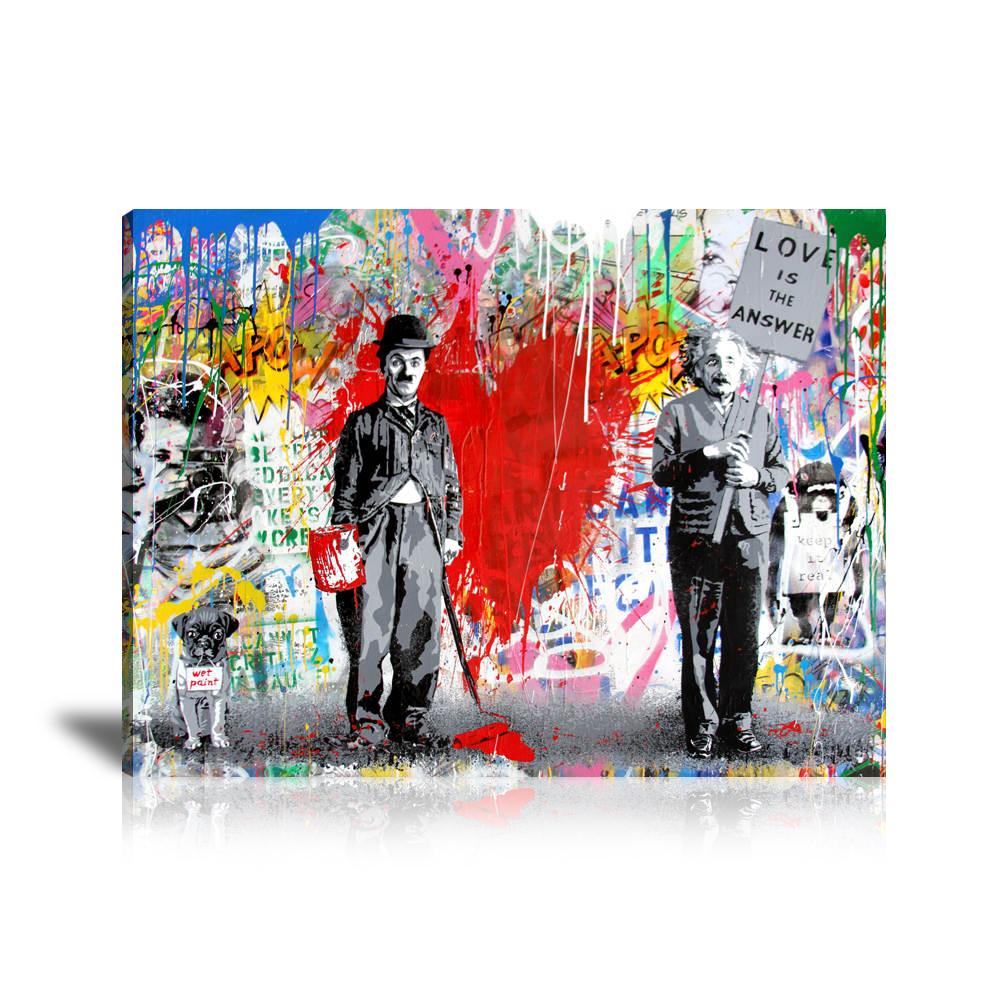 Einstein & Charlie Chaplin Love Is The Answer Wall Art: Large Colorful Graffiti Print or Framed Canvas Painting for Modern Living Rooms, Dining Rooms and Bedrooms