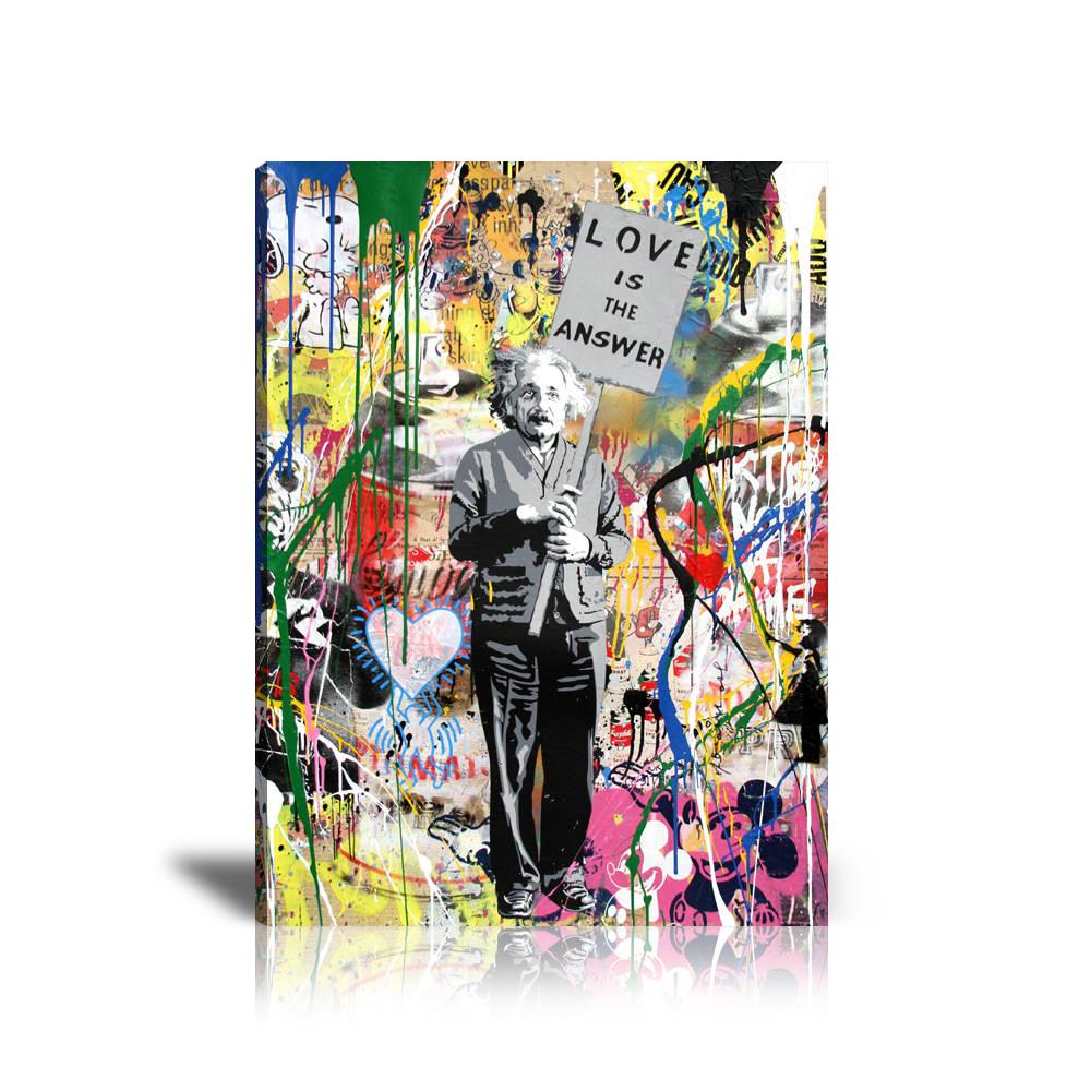 Albert Einstein Love Is The Answer Wall Art: Large Colorful Graffiti Print or Framed Canvas Painting for Modern Living Rooms, Dining Rooms and Bedrooms