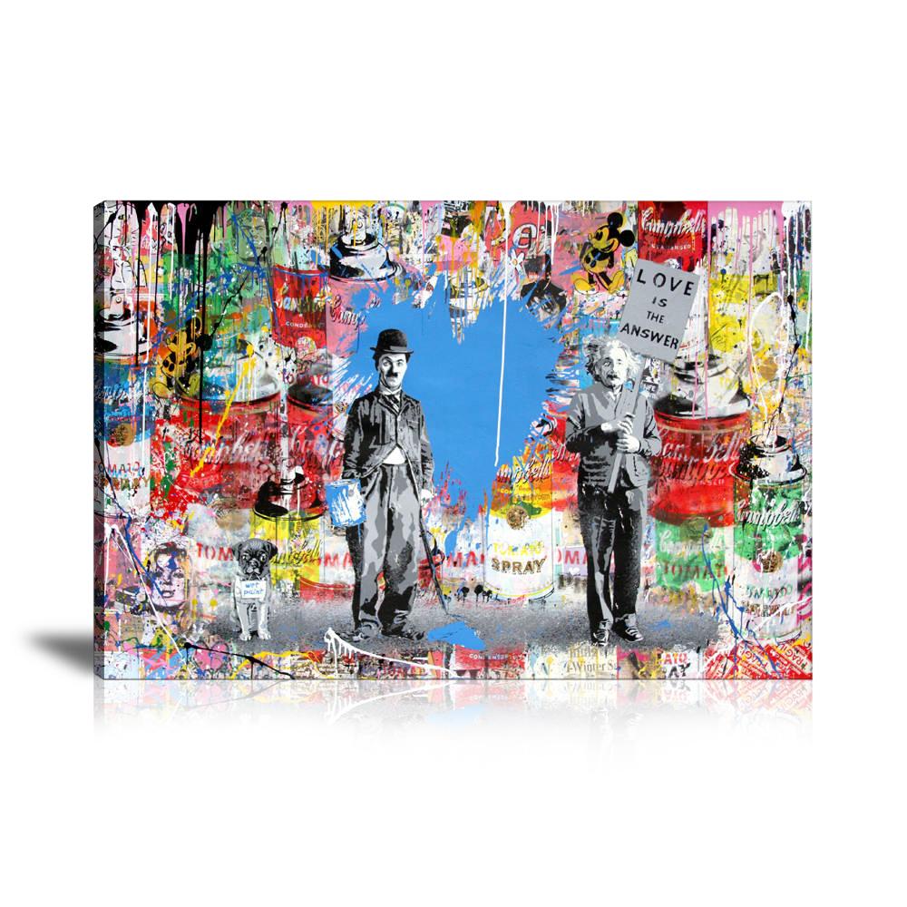 Charlie Chaplin & Albert Einstein Love Is The Answer Wall Art: Large Colorful Graffiti Print or Framed Canvas Painting for Modern Living Rooms, Dining Rooms and Bedrooms