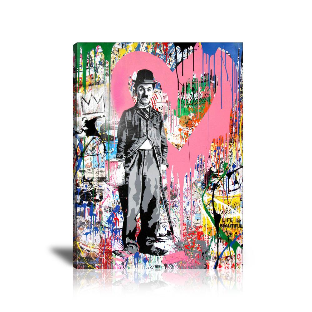 Charlie Chaplin Pink Heart Wall Art: Large Colorful Graffiti Print or Framed Canvas Painting for Modern Living Rooms, Dining Rooms and Bedrooms