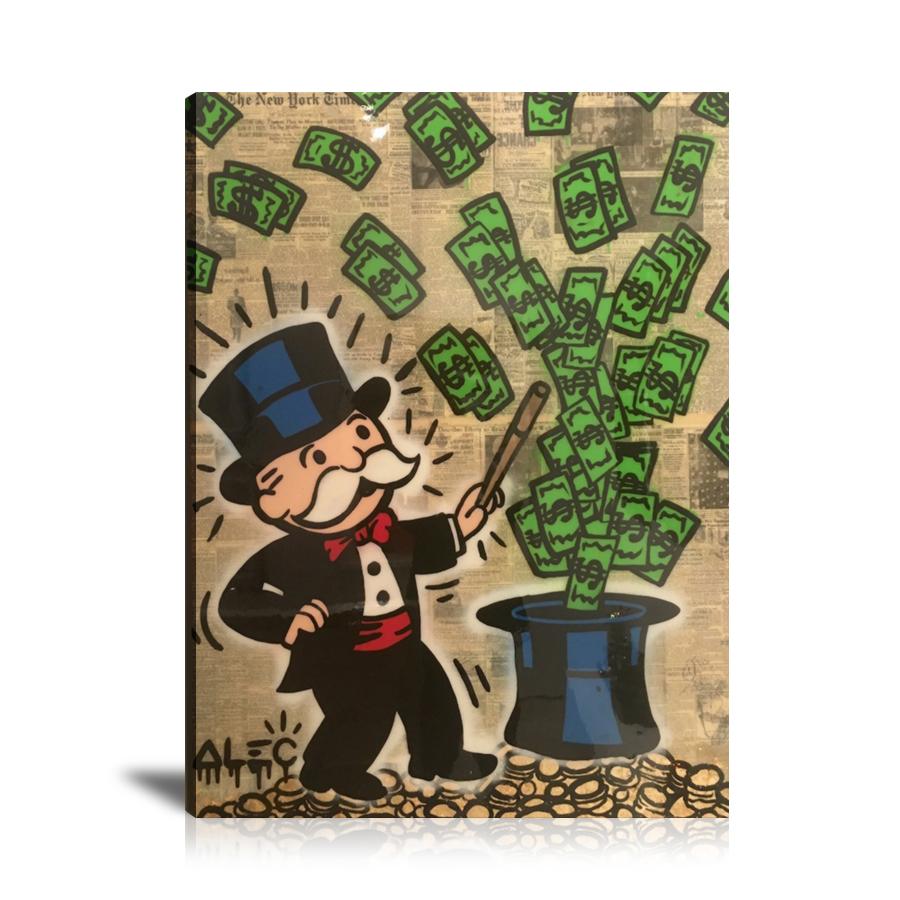 Magic Hat, Magician, Money, US Dollar, Dollar Sign, Newspaper, Spray Paint, Graffiti, Colorful, Street Art, Prints, Pop Art, Paintings, Canvas, Art, Alec Monopoly, Vertical