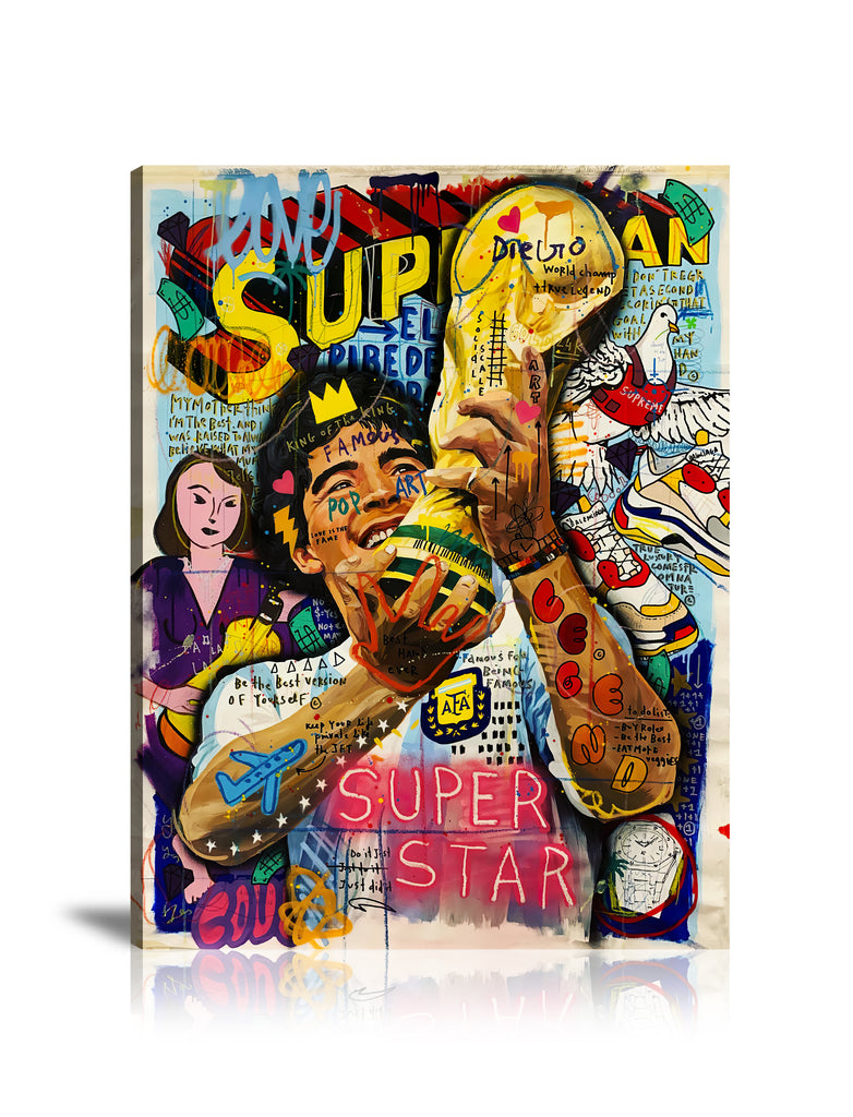 Maradona Super Star Wall Art: Large Colorful Graffiti Print or Framed Canvas Painting for Modern Living Rooms, Dining Rooms and Bedrooms