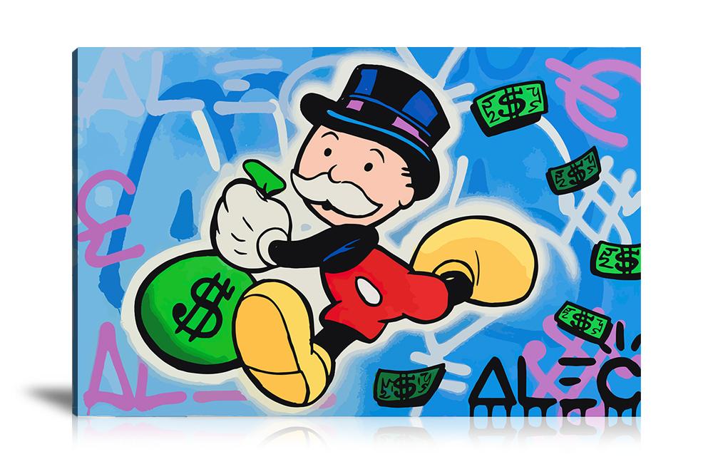 Street Art, Prints, Pop Art, Paintings, Canvas, Art, Alec Monopoly, Monopoly, Mickey Mouse, Dollar, Money, Money Bag, Run, Colorful