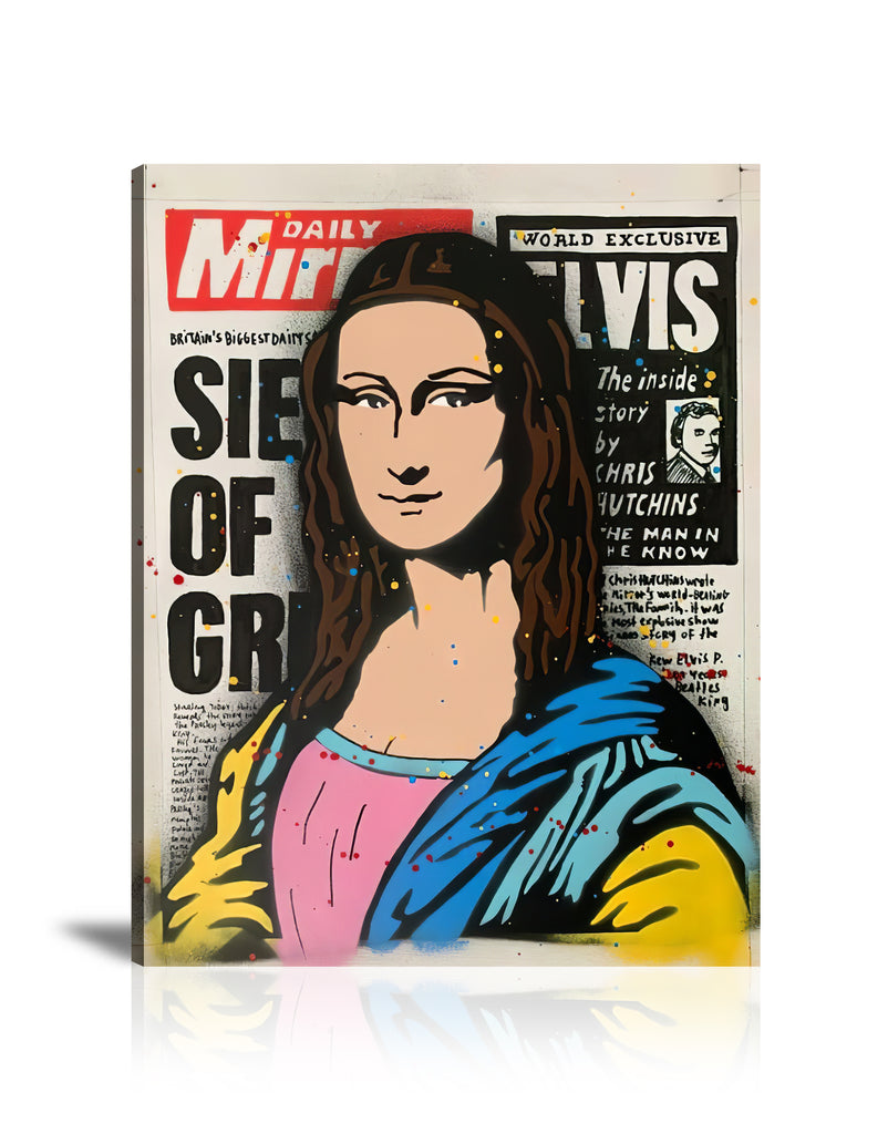 Street Art, Prints, Pop Art, Paintings, Canvas, Art, Jisbar, Mona Lisa, Daily Mirror, Newspaper, Elvis, Portrait,  Colorful