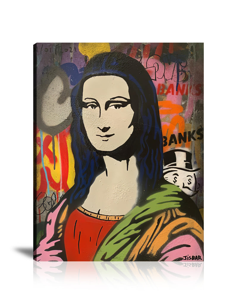 Street Art, Prints, Pop Art, Paintings, Canvas, Art, Jisbar, Mona Lisa, Portrait, Monopoly, Bank, Love, Masterpiece, Colorful