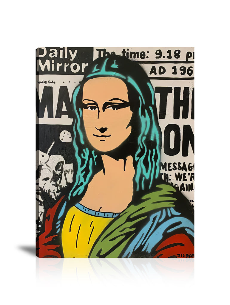 Mona Lisa Newspaper Wall Art: Large Colorful Graffiti Print or Framed Canvas Painting for Modern Living Rooms, Dining Rooms and Bedrooms