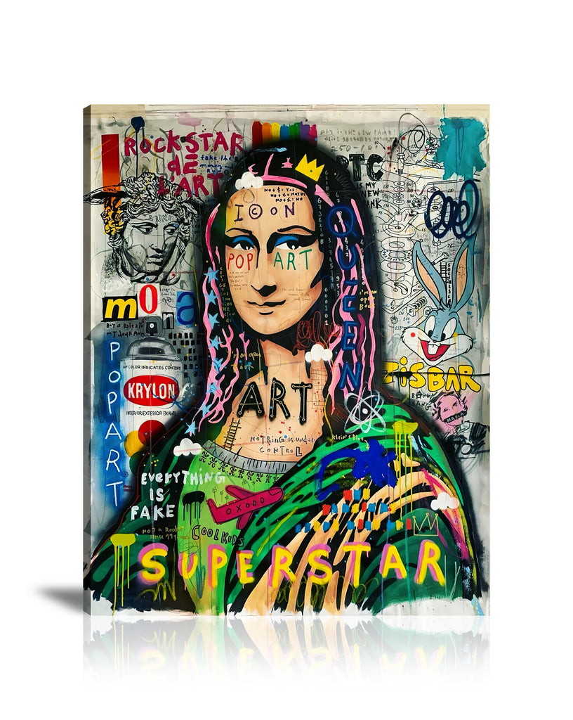 Mona Lisa Superstar Wall Art: Large Colorful Graffiti Print or Framed Canvas Painting for Modern Living Rooms, Dining Rooms and Bedrooms