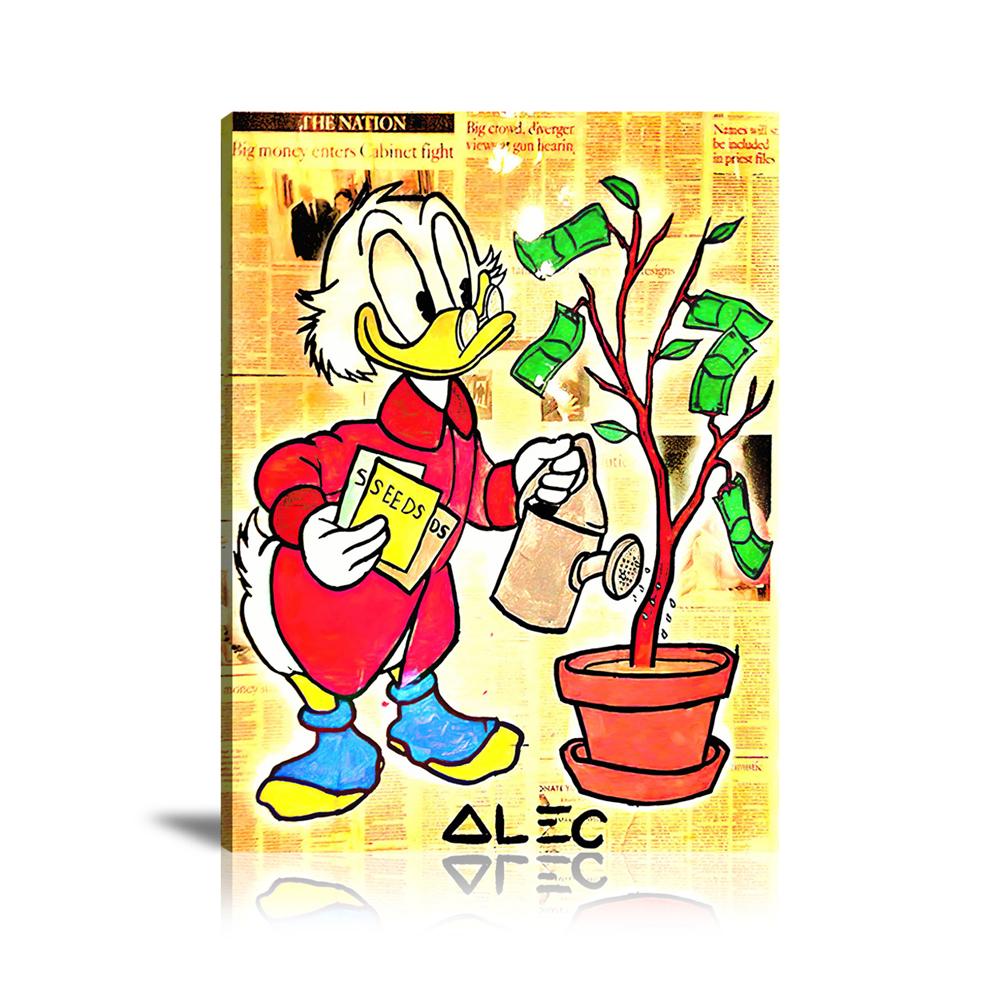 Scrooge, McDuck, Money Tree, Money Seeds, Watering, US Dollar, Newspaper, Spray Paint, Graffiti, Colorful, Street Art, Prints, Pop Art, Paintings, Canvas, Art, Alec Monopoly, Vertical