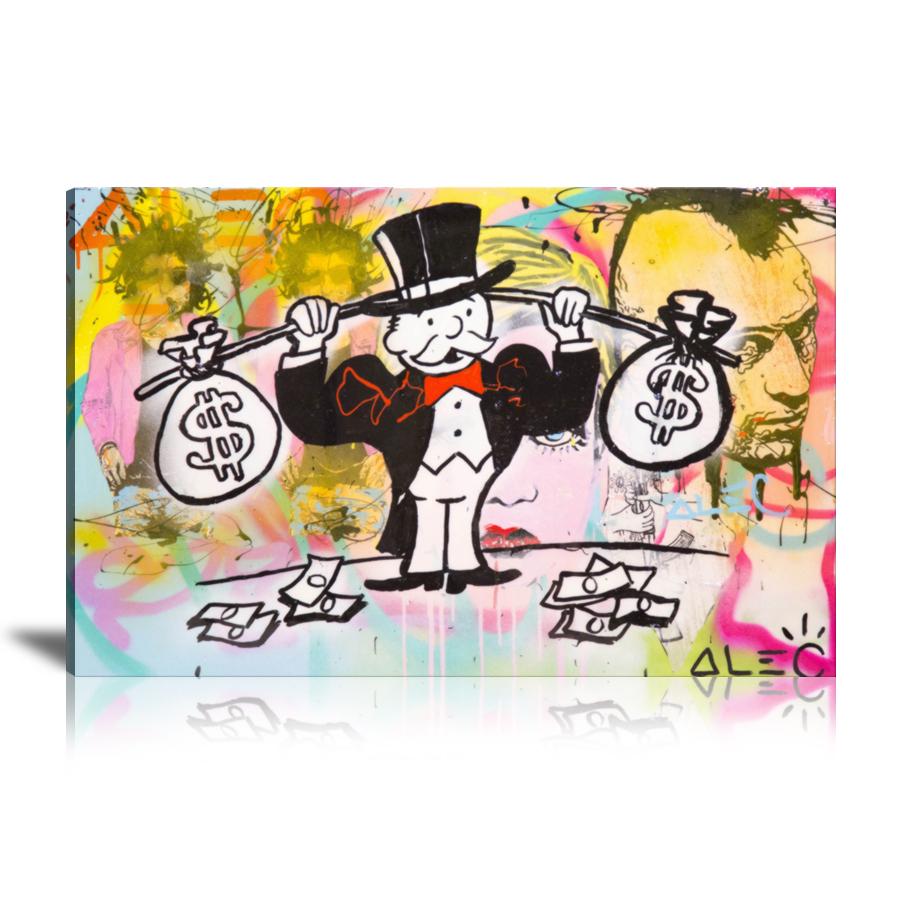 Money Weightlifter, Cash Bag, Money Bag, Jack Splash, Muscle, Robert De Niro, JJ Adams, Collage Art, Graffiti, Spray Paint,  Colorful, Street Art, Prints, Pop Art, Paintings, Canvas, Art, Alec Monopoly, Landscape