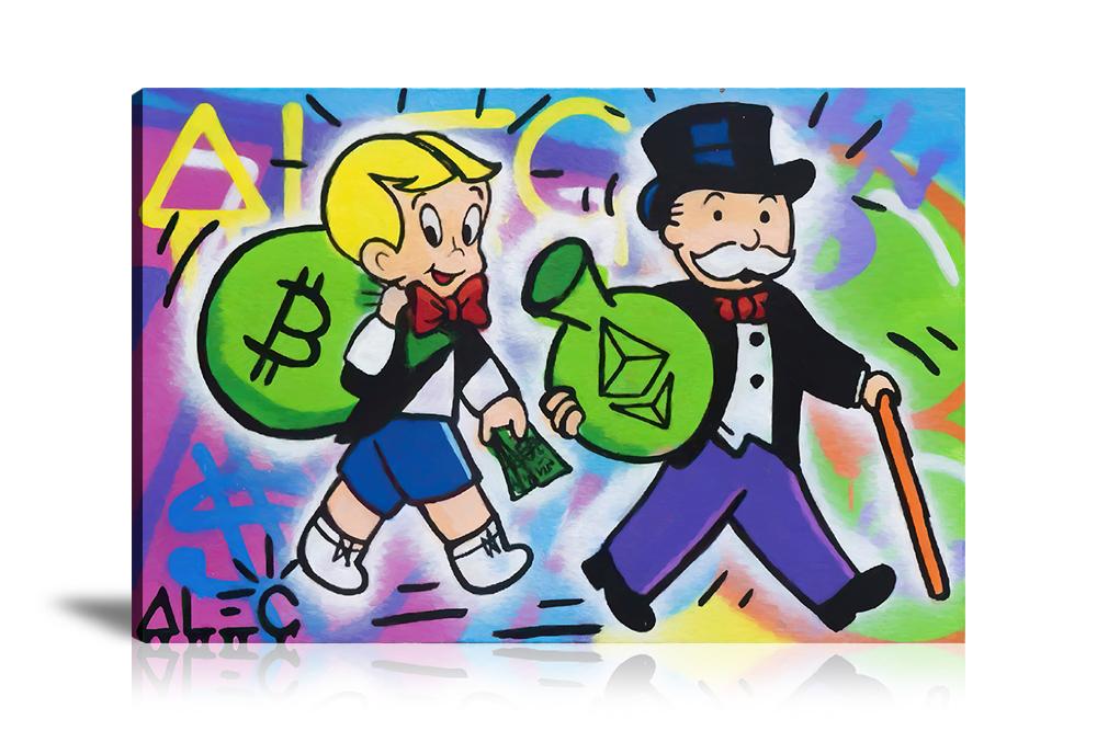 Street Art, Prints, Pop Art, Painting,  Landscape, Canvas, Art, Alec Monopoly, Bitcoin, Ethereum Bag, Bitcoin Bag, Richie Rich, Monopoly, Crypto, Colorful, Artwork