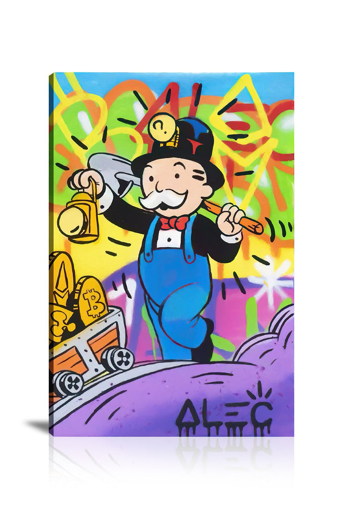 Vertical, Street Art, Prints, Pop Art, Paintings, Canvas, Art, Alec Monopoly, Monopoly, Crypto, Miner, Bitcoin, Ethreum, Happy, Colorful, Artwork