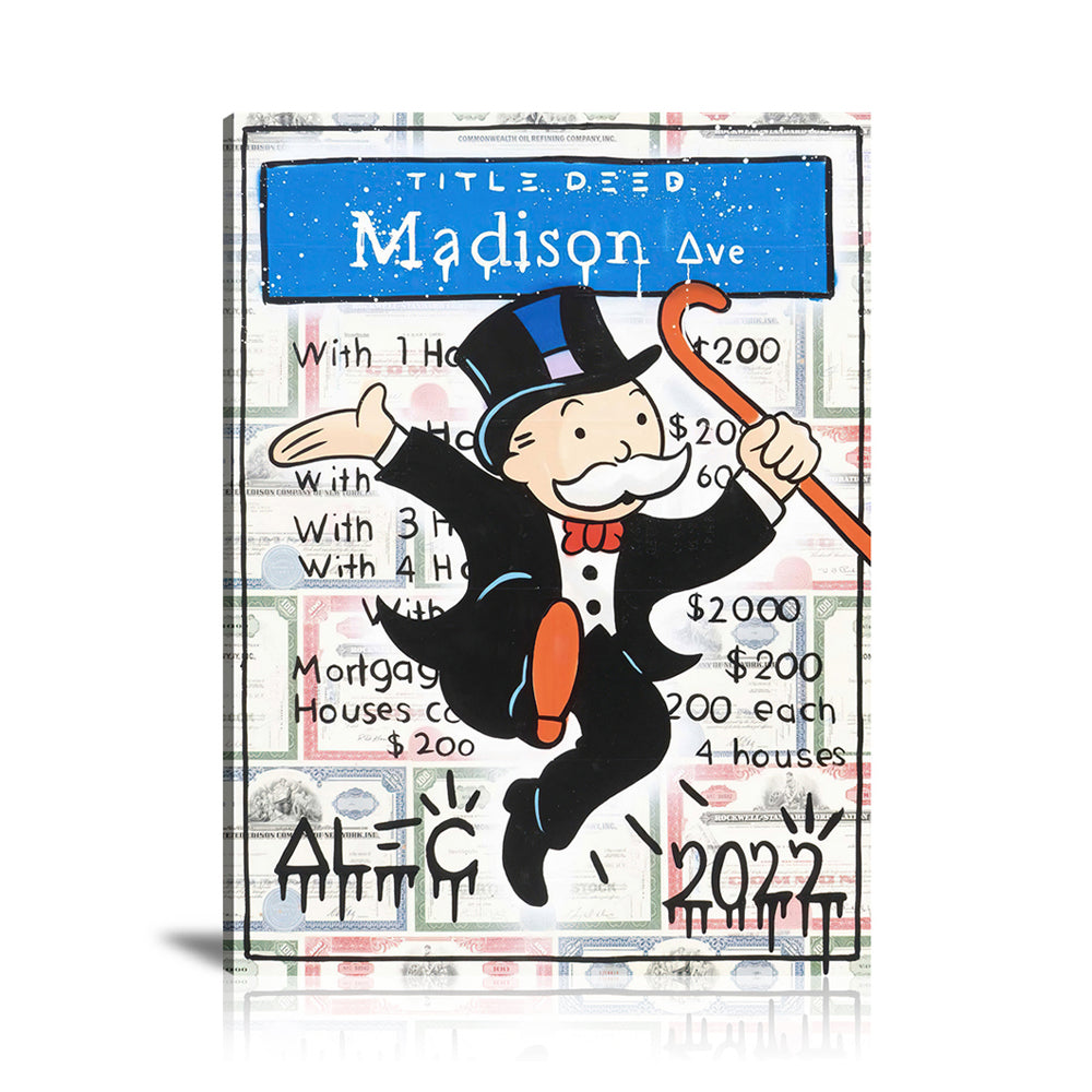 Alec,Alec Monopoly,Canvas Art,Colorful,Dollar Sign,Madison Avenue,Money Bag,Monopoly,Mr. Monopoly,News,Paintings,Pop Art,Prints,Street Art,Title Deed,Vertical,Wall Art,Wall Street