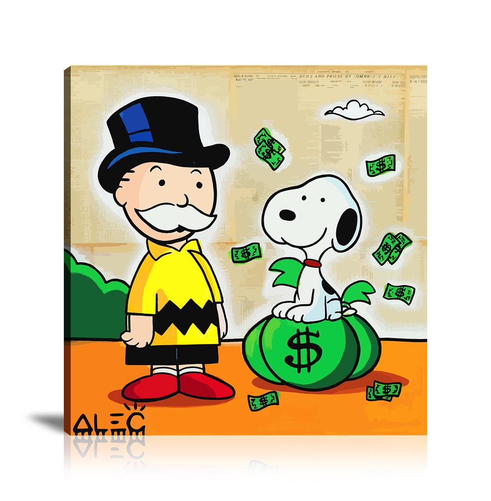 Street Art, Prints, Pop Art, Paintings, Canvas, Art, Alec Monopoly, Monopoly, Snoopy, Cartoon, Dollar Bag, Money Bag, Money, Dollar, Newspaper, Colorful, Paint