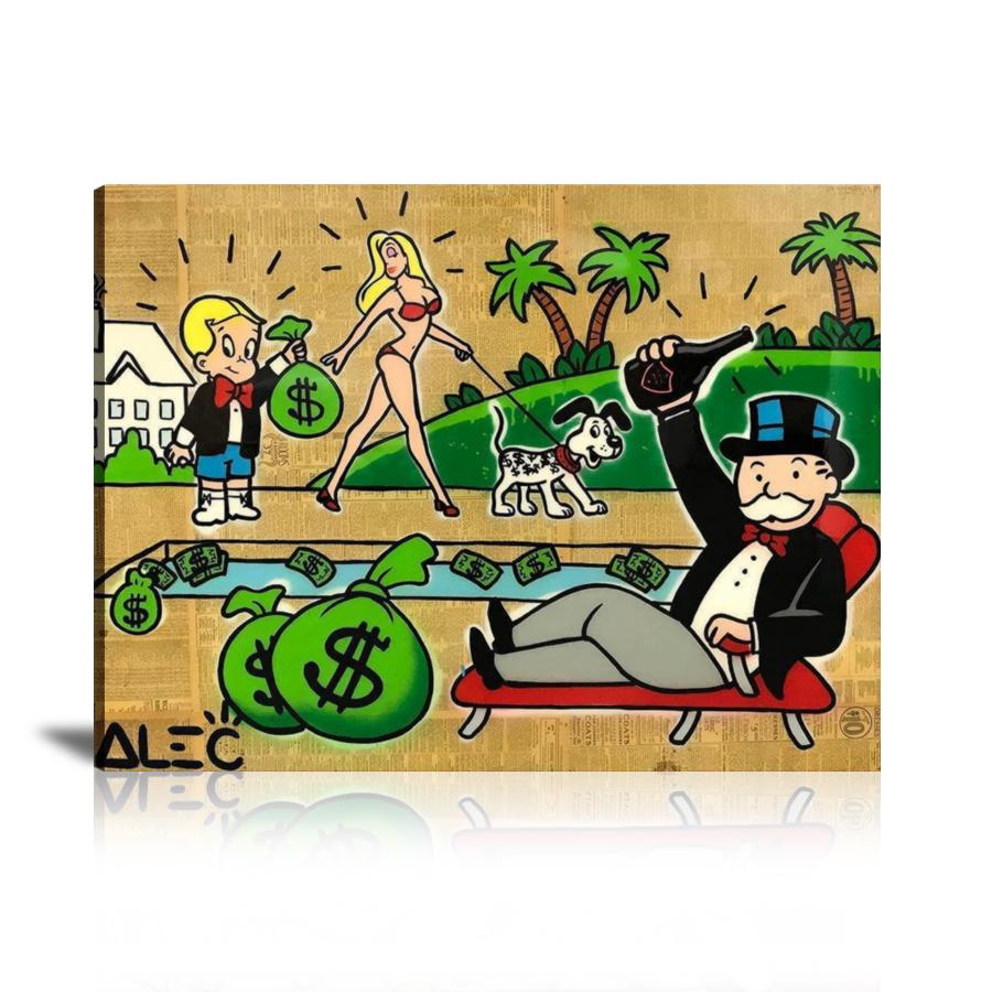 Vacation, Cash Bag, Money Bag, Dollar Dog, Pool Party, Family Holidays, Richie Rich, Champagne, Jessica Rabbit, US Dollar, Newspaper, Spray Paint, Graffiti, Street Art, Prints, Pop Art, Paintings, Canvas, Art, Alec Monopoly, Landscape