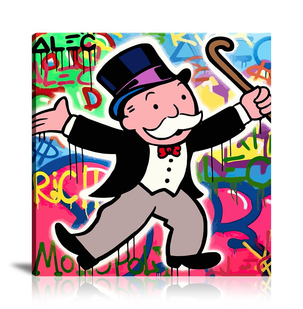 Street Art, Prints, Pop Art, Paintings, Canvas, Art, Alec Monopoly, Monopoly, Cane, Holding, Rich, Colorful, Keith Haring