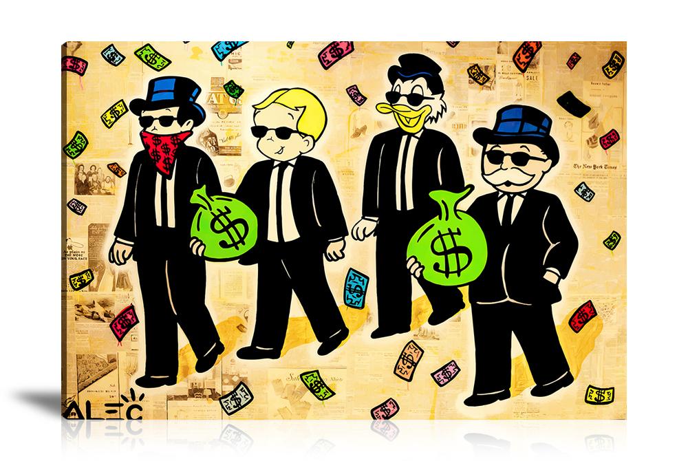 Reservoir Dogs, Richie Rich, Scrooge McDuck, Cash Bag, Money Bag, Bandana, Newspaper, Spray Paint, Graffiti, Street Art, Prints, Pop Art, Paintings, Canvas, Art, Alec Monopoly, Landscape