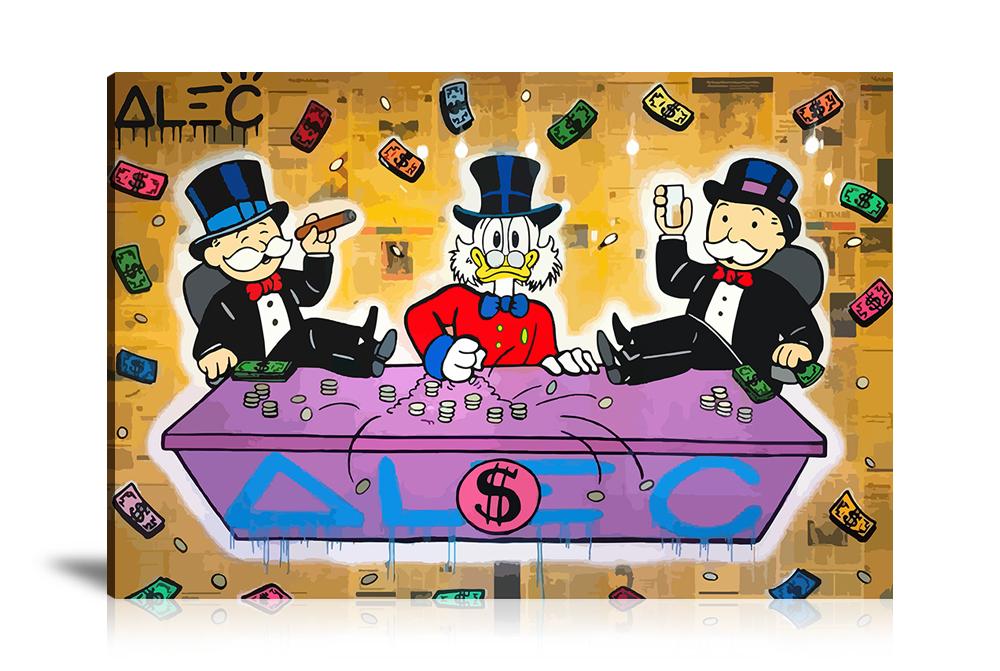 Street Art, Prints, Pop Art, Paintings, Canvas, Art, Alec Monopoly, Table Game, Sitting, Monopoly, Scrooge McDuck, Newspaper, Dollar, Money, Colorful, Game, Paint, Sitting