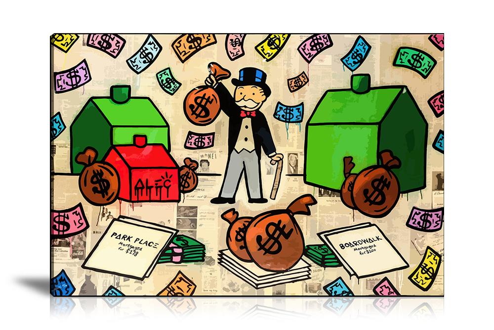 Street Art, Prints, Pop Art, Paintings, Canvas, Art, Alec Monopoly, Monopoly, Gamer, Game, Park Place, Boardwalk, Board Game, Dollar, Money, Money Bag, House, Newspaper