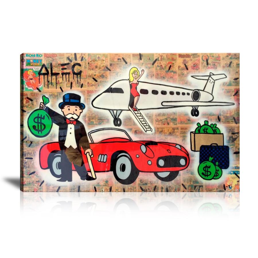 Airplane, Private Jet, Rich Airways, Cash Bag, Money Bag, Richie Rich, Suitcase, Dodge Viper, Comics, Newspaper, Graffiti, Spray Paint, Colorful, Street Art, Prints, Pop Art, Paintings, Canvas, Art, Alec Monopoly, Landscape