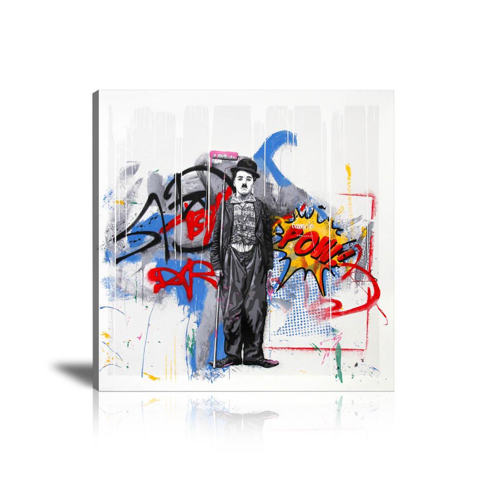 Mr. Brainwash, Charlie Chaplin, Campbell’s Tomato Spray, Ka-Pow, Graffiti, Collage Art, Colorful, Paint Drop, Gold Rush, Collage Art, Square, Prints, Pop Art, Paintings, Mr. Brainwash, Canvas