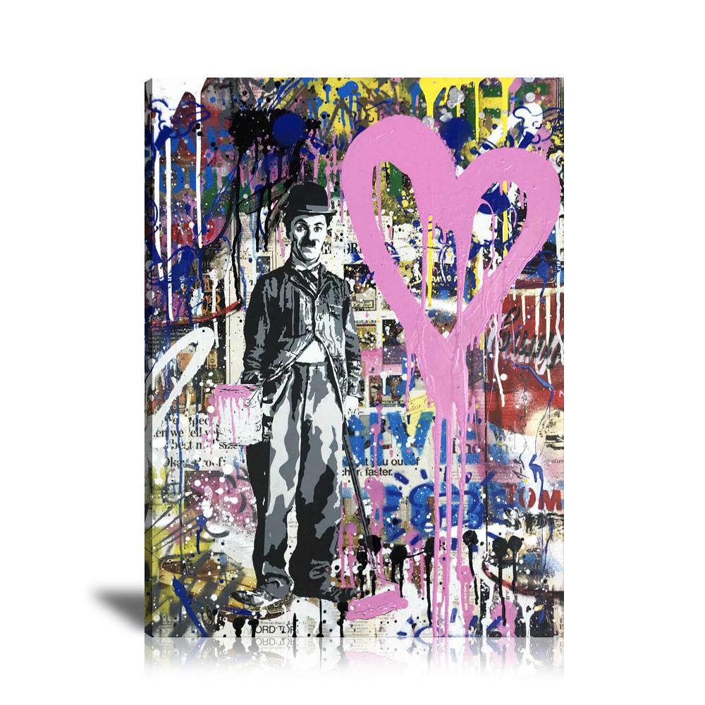 Charlie Chaplin Love Wall Art: Large Colorful Graffiti Print or Framed Canvas Painting for Modern Living Rooms, Dining Rooms and Bedrooms