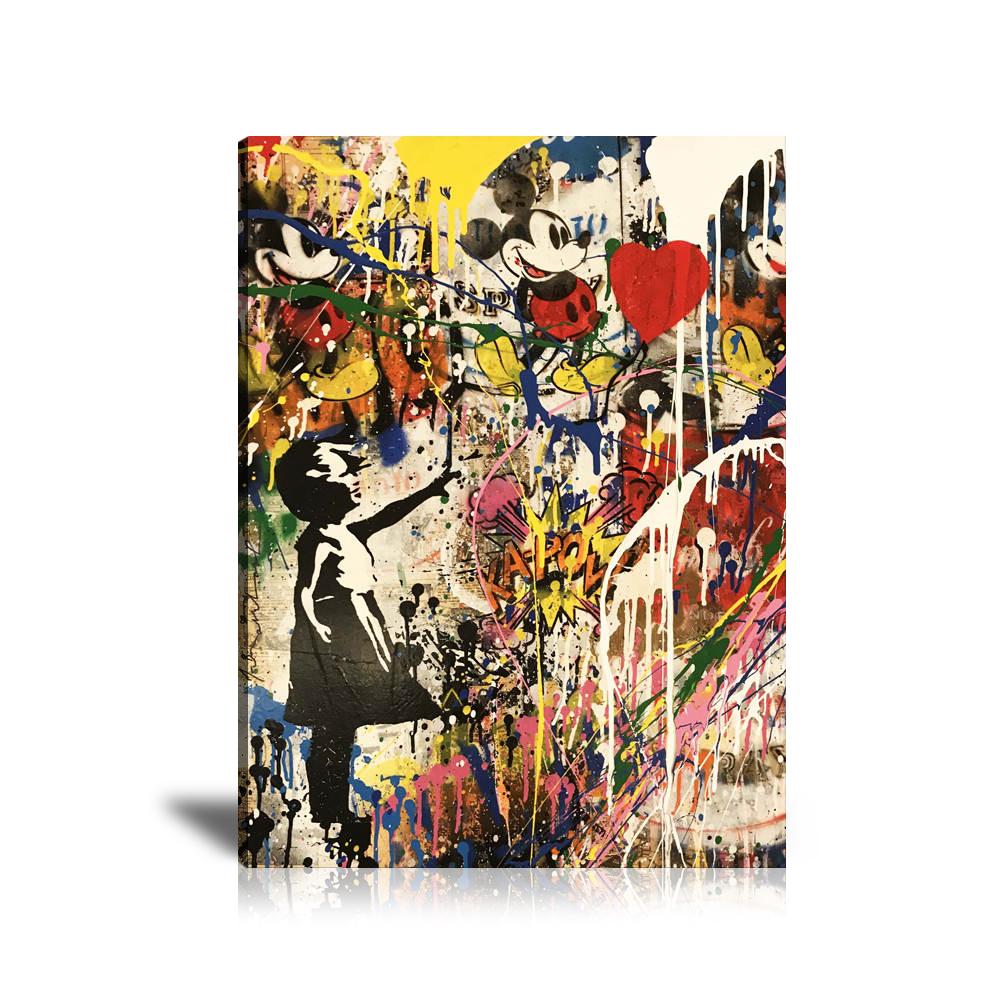 Balloon Girl Mickey Wall Art: Large Colorful Graffiti Print or Framed Canvas Painting for Modern Living Rooms, Dining Rooms and Bedrooms