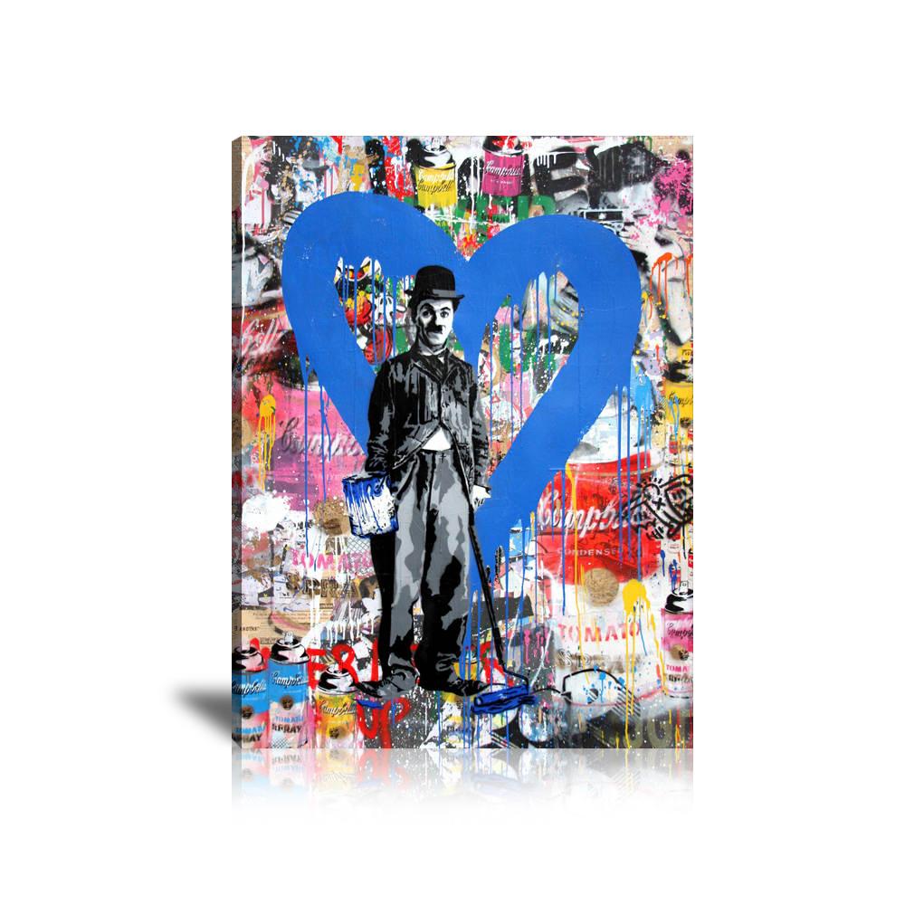 Charlie Chaplin Blue Heart Wall Art: Large Colorful Graffiti Print or Framed Canvas Painting for Modern Living Rooms, Dining Rooms and Bedrooms