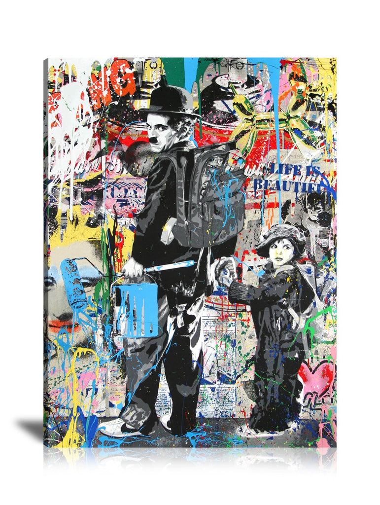 Charlie Chaplin The Kid Wall Art: Large Colorful Graffiti Print or Framed Canvas Painting for Modern Living Rooms, Dining Rooms and Bedrooms