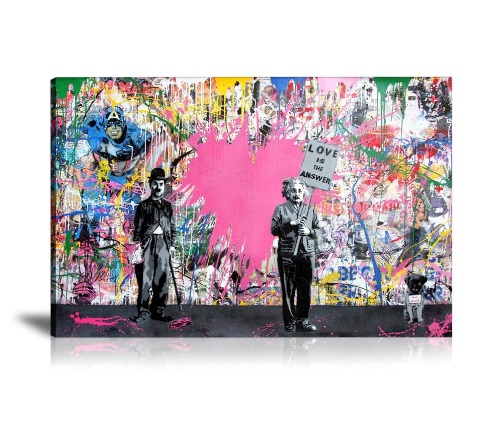 Charlie Chaplin & Albert Einstein Love Is The Answer Wall Art: Large Colorful Graffiti Print or Framed Canvas Painting for Modern Living Rooms, Dining Rooms and Bedrooms