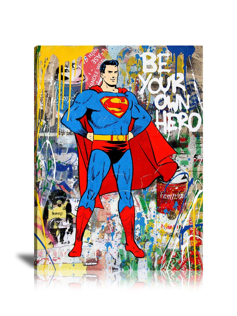 Superman Be Your Own Hero Wall Art: Large Colorful Graffiti Print or Framed Canvas Painting for Modern Living Rooms, Dining Rooms and Bedrooms