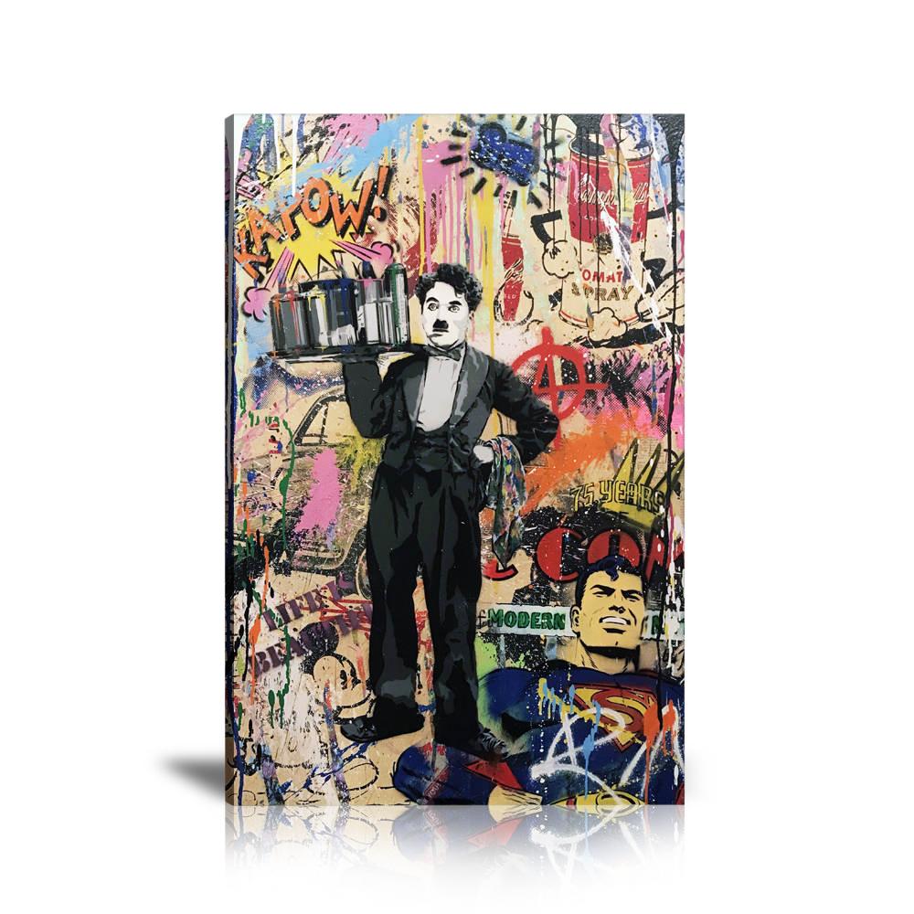 Charlie Chaplin Modern Time Wall Art: Large Colorful Graffiti Print or Framed Canvas Painting for Modern Living Rooms, Dining Rooms and Bedrooms