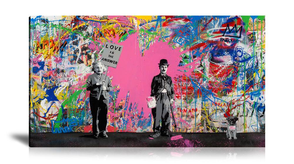 Charlie Chaplin, Love is the Answer, Einstein, Campbell’s Tomato Spray, Flower Thrower, Mickey Mouse, Keit Haring, Red Heart, Graffiti, Collage Art, Colorful, Paint Drop  