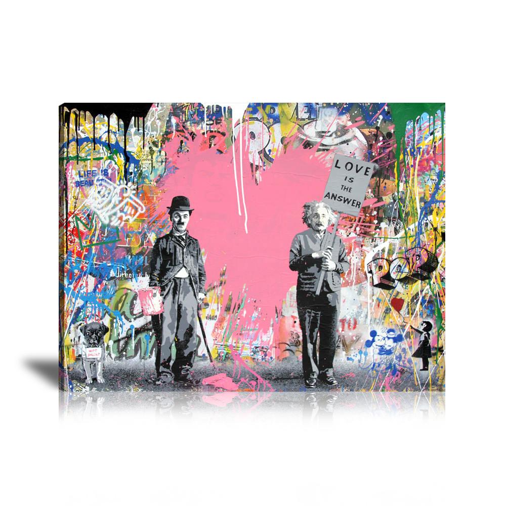 Charlie Chaplin & Albert Einstein Love Is The Answer Wall Art: Large Colorful Graffiti Print or Framed Canvas Painting for Modern Living Rooms, Dining Rooms and Bedrooms