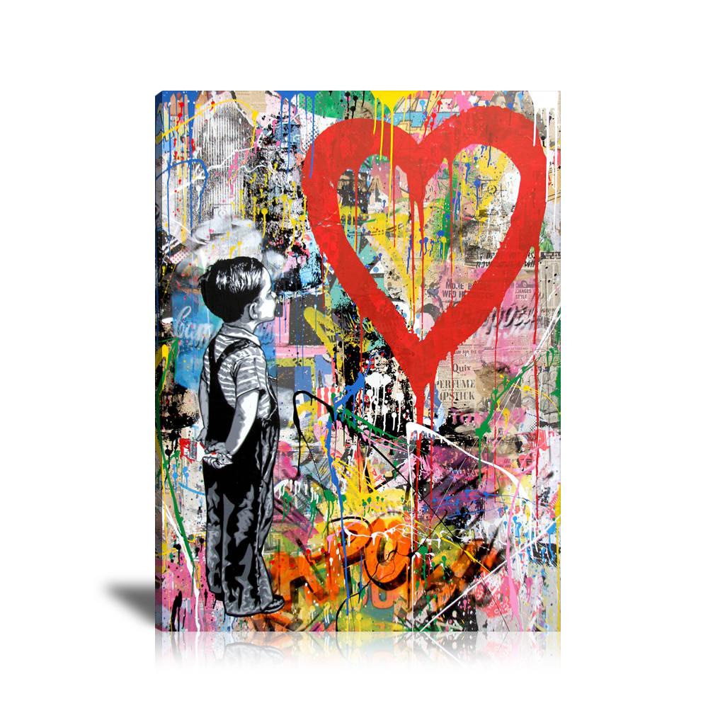 Red Heart Boy Wall Art: Large Colorful Graffiti Print or Framed Canvas Painting for Modern Living Rooms, Dining Rooms and Bedrooms