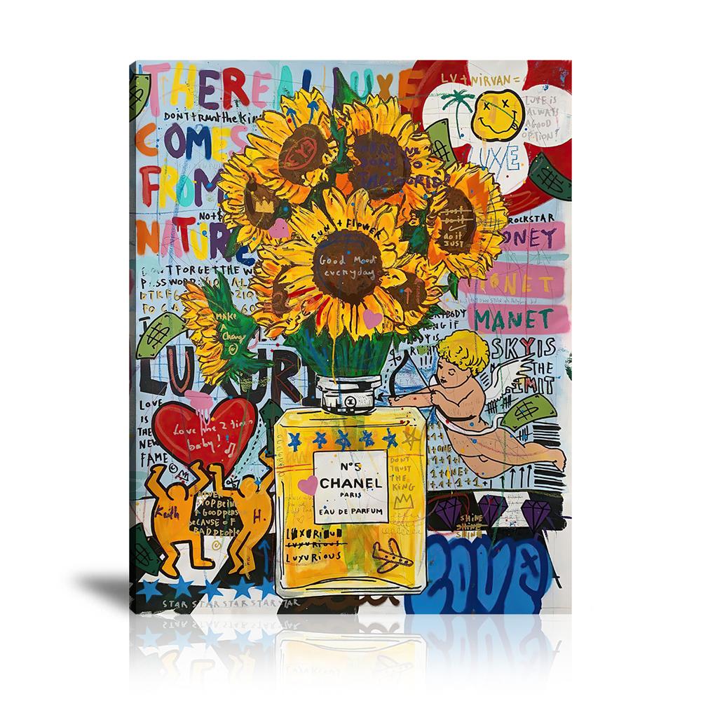 Street Art, Prints, Pop Art, Paintings, Canvas, Art, Jisbar, Sun Flower, Chanel, Perfume, Nature, Keith Haring, Cupid, Love, Money, Luxury, Dollar, Money