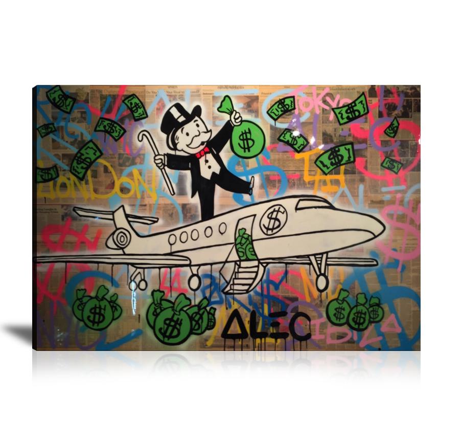 Airplane, Rich Airways, Cash Bag, Money Bag, Newspaper, Spray Paint, Graffiti, Colorful, Street Art, Prints, Pop Art, Paintings, Canvas, Art, Alec Monopoly, Landscape