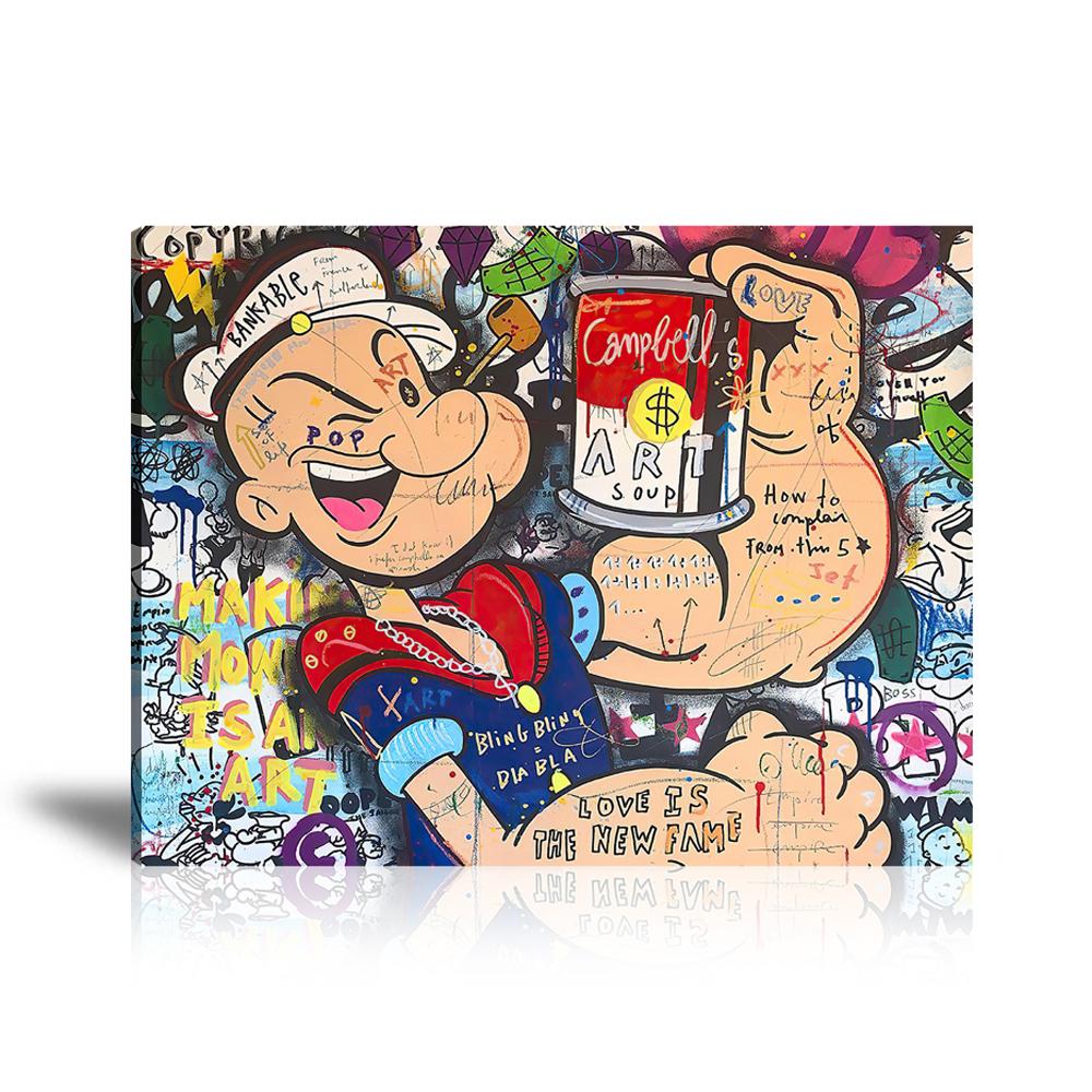 Street Art, Prints, Pop Art, Paintings, Canvas, Art, Jisbar, Popeye, Cartoon, Campbell's, Spray, Money, Bank, Love