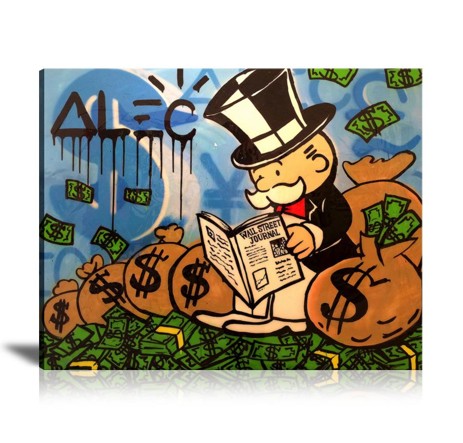 Cash Bag, US Dollar, Japanese Yen, Reading, Wall Street Journal, Graffiti, Spray Paint, Colorful, Street Art, Prints, Pop Art, Paintings, Canvas, Art, Alec Monopoly, Landscape