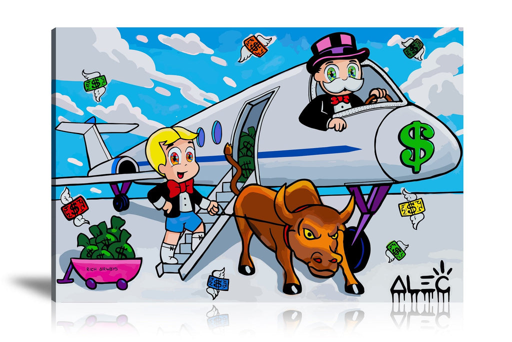 Street Art, Prints, Pop Art, Paintings, Canvas, Art, Alec Monopoly, Rich Airway, Richie Rich, Airway, Airplane, Wall St Bull, Travel, Money Bag, Money, Dollar, Big Eyes, Travel