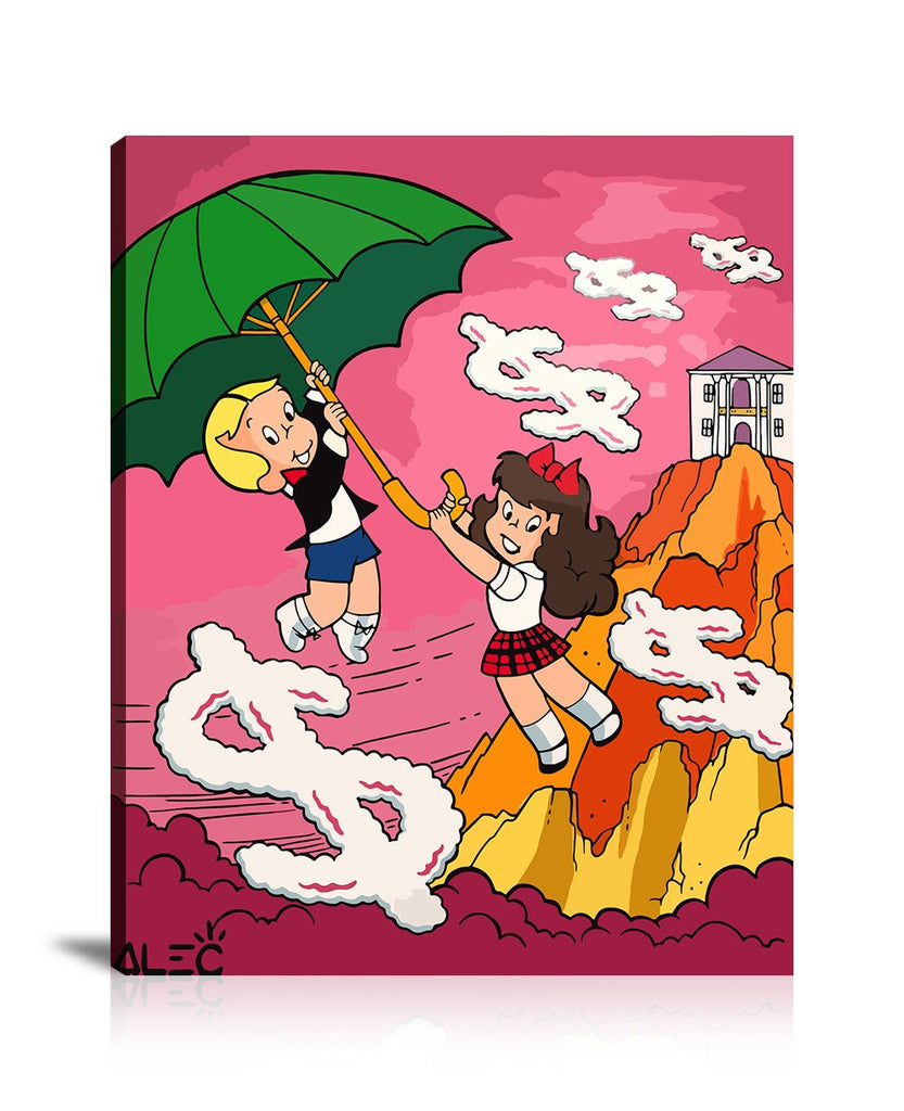 Street Art, Prints, Pop Art, Paintings, Canvas, Art, Alec Monopoly, Richie Rich, Umbrella, Dollar, Dollar Sign, Pink, Mountain, Colorful